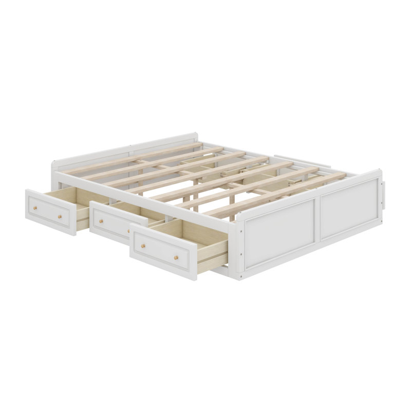 Structure de lit plateforme en bois grand format avec six tiroirs, Blanc