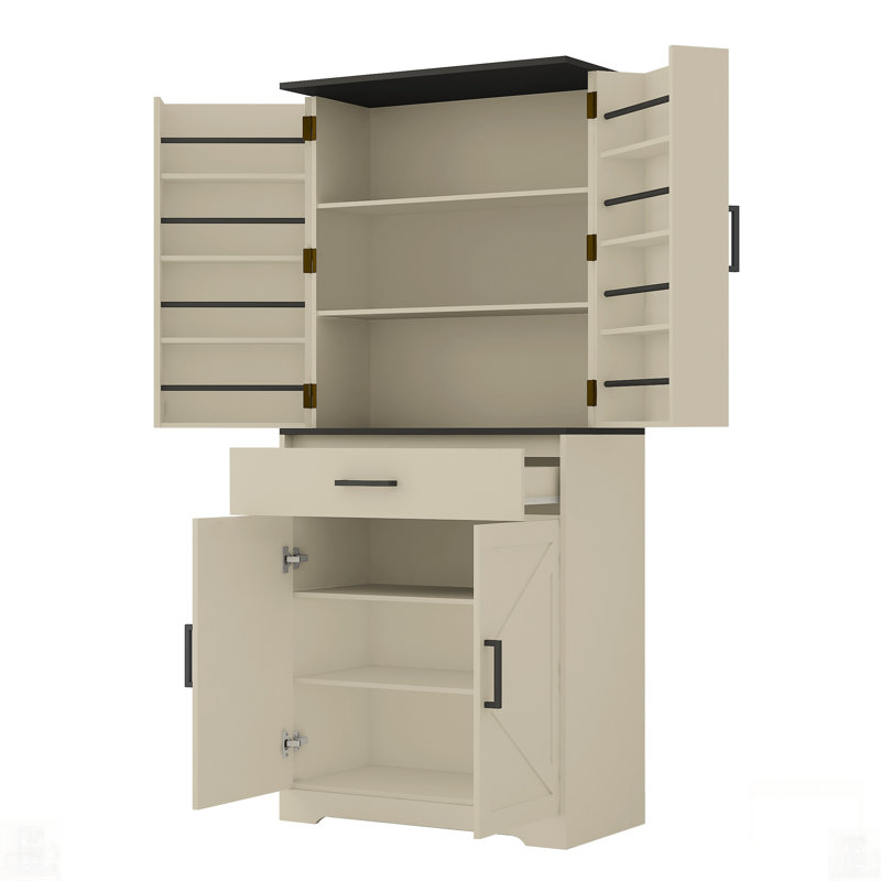 Kitchen Pantry With Led Light, Storage Cabinets, 1 Drawer, Door Shelves And X-patterned Design
