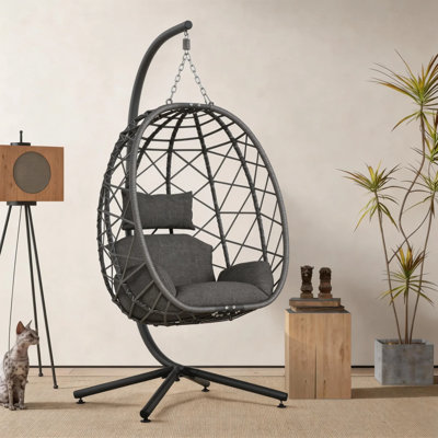 Switte Modern Freestanding Woven Rattan & Fabric Egg Swing Chair with Stand, 400 lb Capacity