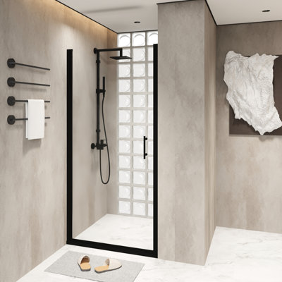 Porte de douche pivotante de 34 po x 72 po avec cadre en aluminium noir mat, film à l'épreuve et poignée en acier inoxydable confortable
