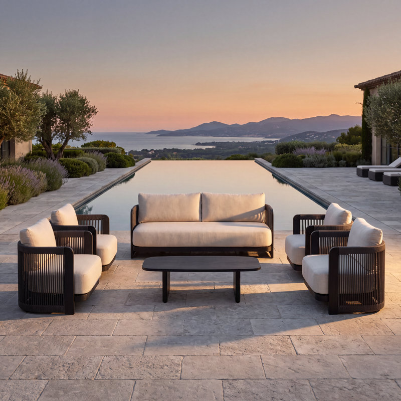 Ensemble de sofas de patio modernes en corde tressée, composé de 6 pièces, avec structure en aluminium et aspect bois ; ensemble de conversation extérieur résistant aux intempéries pour piscine et jardin (ensemble de 6)