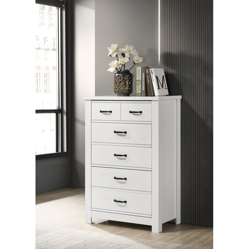 Cassini 31-inch White 5-Drawer Chest – Modern Vertical Storage Dresser with Black Handles & Smooth-Glide Drawers