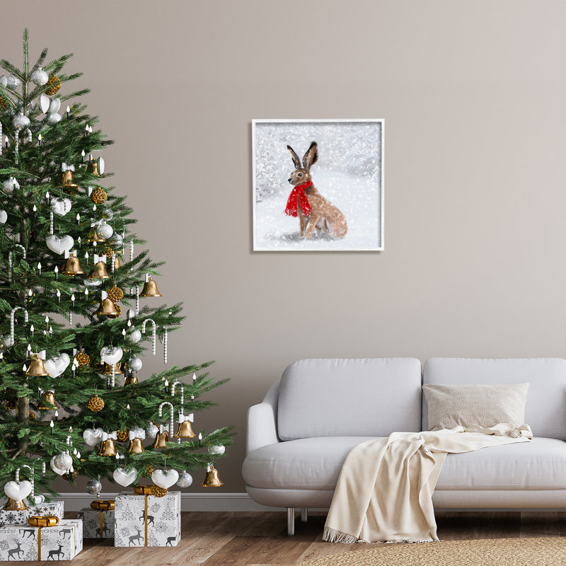 «Winter Rabbit Scarf», paysage encadré sur bois par Lemon & Sugar, H 24 po x l 24 po, Giclée encadrée blanc bord de mer