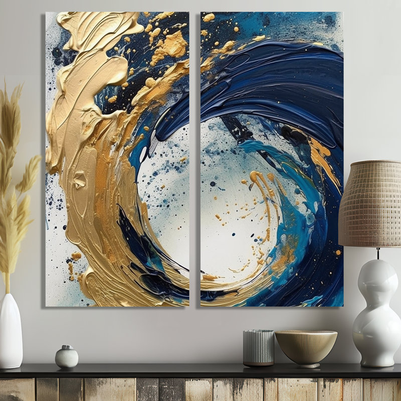 Bleu foncé et coups dorés VI - Grandes impressions abstraites sur 2 panneaux, 40" H x 40" W, Toile tendue, Ne s’applique pas