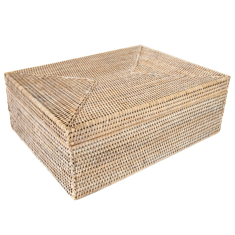 Hand-Woven Rattan Rectangular Basket, White Wash