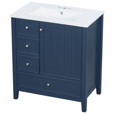 Meuble-lavabo autoportant moderne de 30 po avec comptoir en céramique demi-lune, colonne à 3 tiroirs asymétrique avec séparateurs amovibles et coffre d'armoire à charnière à droite (finitions bleues et blanches)