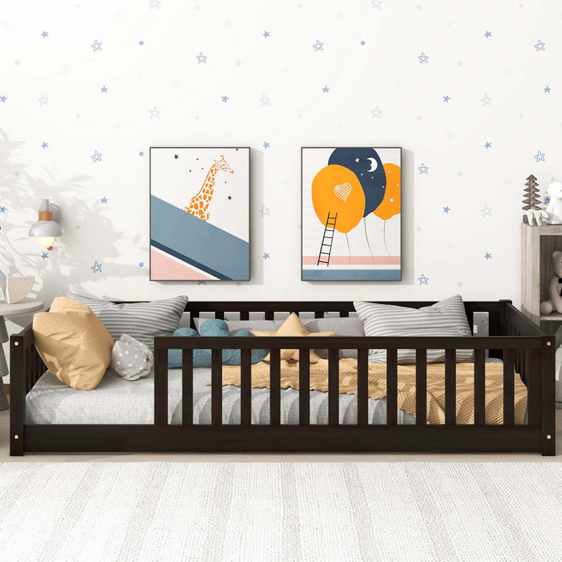 Giezi Kids Twin Floor Platform Bed with Fence, Espresso, Twin