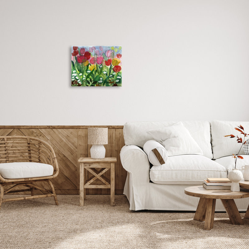 «Lush Varied Spring Tulip Blooming Flower Meadow», peinture sur toile à cadre flottant, H 16 po x l 20 po x P 1,5 po