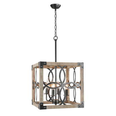 Luminaire suspendu carré en bois et en métal à 4 lumières Farmhouse