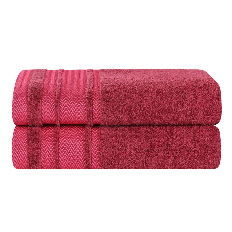 Haidar Cotton Solid Dobby Border Plush Soft Absorbent Medium Weight Bath Towel, Cranberry
