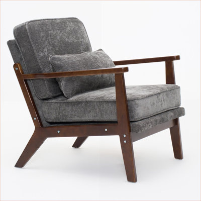 Mid-Century Modern Single Lounge Accent Chair with Lumbar Pillow, Solid Wood Armrests, Fabric Upholstered cool gray