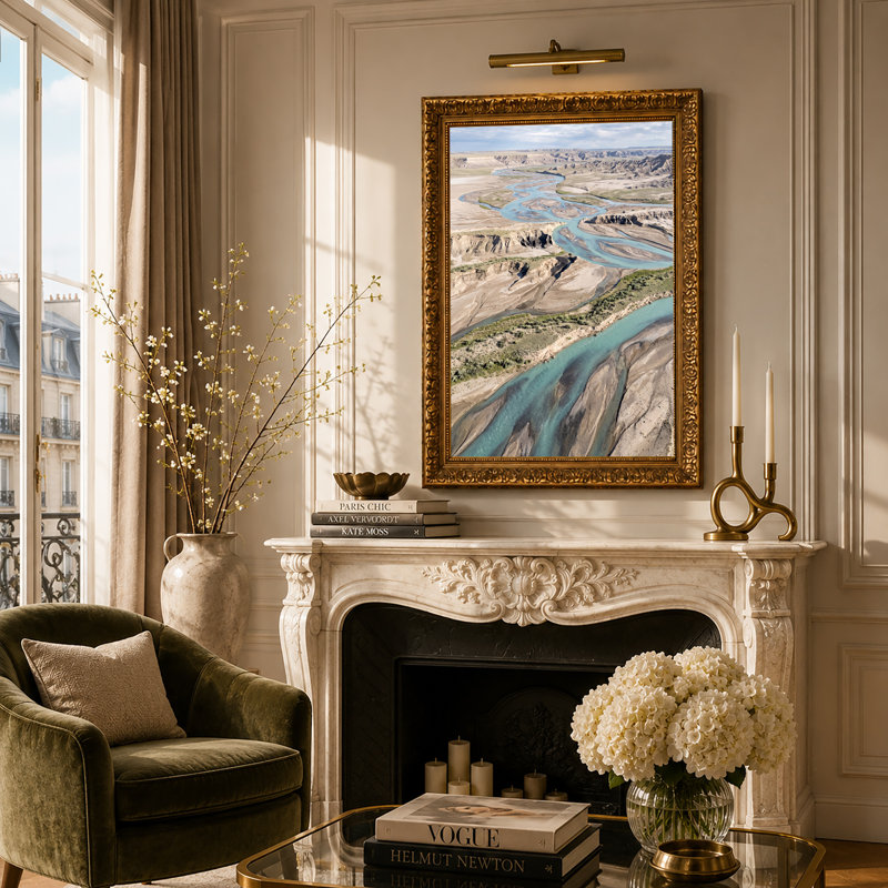 Vue aérienne de la rivière Turquoise sinueuse dans un canyon aride, art mural sur toile, 18"H x 12"W