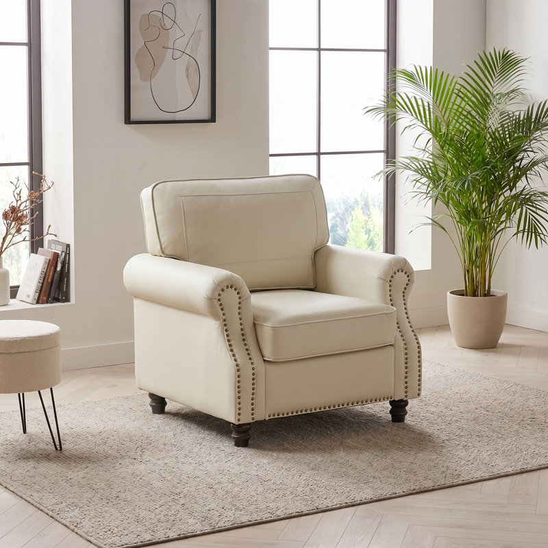 Amarius Faux Leather Rolled Armchair with Nailhead Trim, Cream