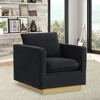 Berengarius Modern Velvet Armchair Accent Chair with Removable Cushions and Gold Stainless Steel Plinth Base, No Assembly by Everly Quinn
