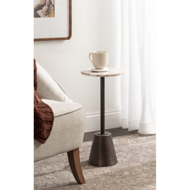 Tira Round Marble and Metal Drink Table, 22" H x 10" W x 10" D, Bronze, Brown/White