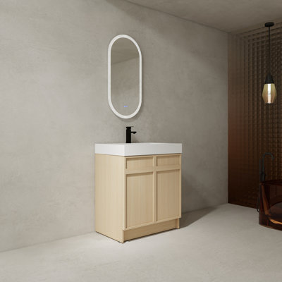 Meuble-lavabo de 30 po avec lavabo en résine blanche. Portes à fermeture en douceur pour une salle de bain silencieuse. Armoire moderne. Armoire en contreplaqué et tablettes réglables. En 30 po. Base
