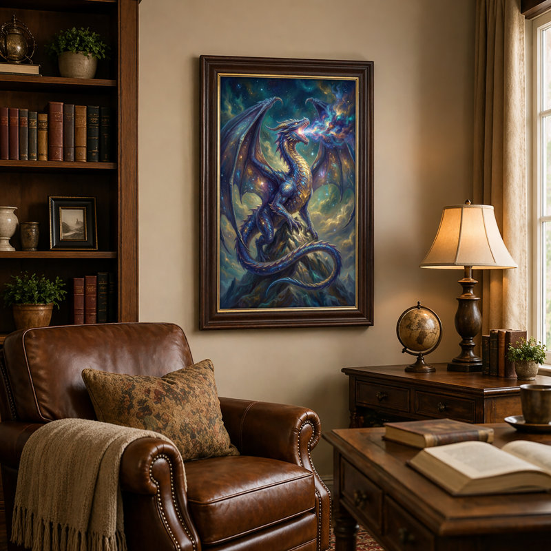Art mural antique sur toile encadré doré pour le salon, la chambre à coucher, le bureau ou le vestibule - Décoration murale décorative avec ciel de dragon