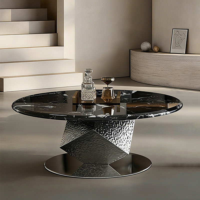Italian-style creative marble coffee table, 15" H x 35.4" W x 35.4" D, Black