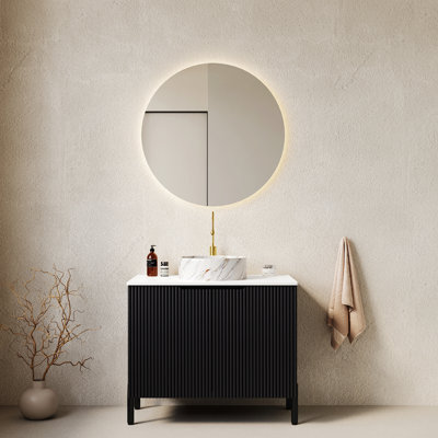 Meuble-lavabo de salle de bain avec lavabo, meuble de rangement autoportant avec 2 portes, lavabo rond en céramique