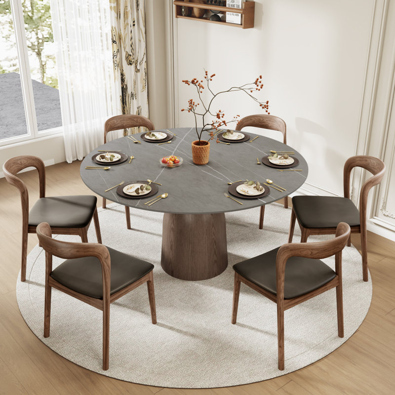 Dark Walnut Dining Set, 29.5" H X 53" W X 53" D, 7 Pieces: Table, 6 Chairs
