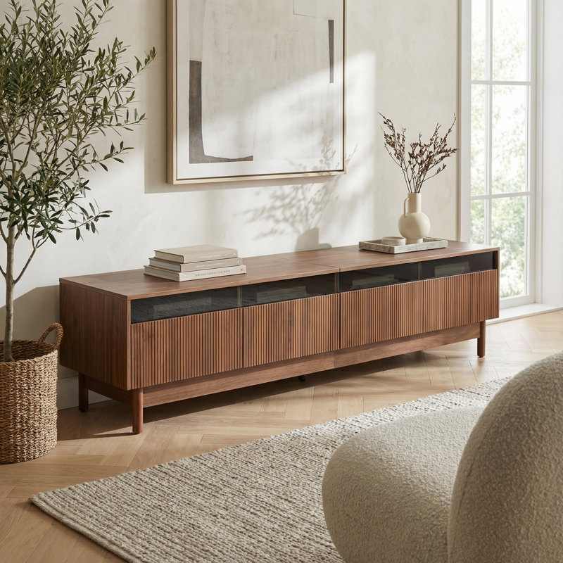 Console de divertissement moderne avec tiroirs en verre, meuble télé jusqu'à 85 pouces avec rangement et système de gestion des câbles