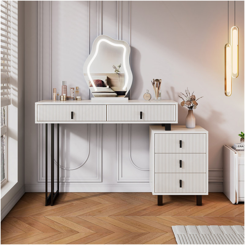 Meuble-lavabo à longueur réglable avec miroir DEL Cloud - Table de maquillage moderne avec tiroirs de rangement et armoire latérale
