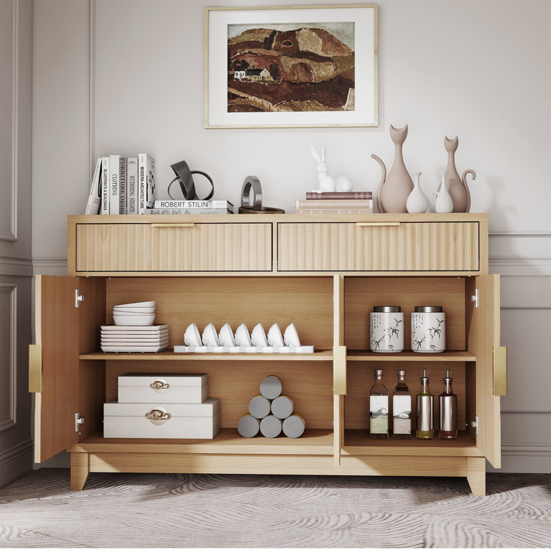47" Modern Fluted Buffet Cabinet, 2 Drawers + Adjustable Shelves – Large Storage for Dining Room, Living Room, Burlywood