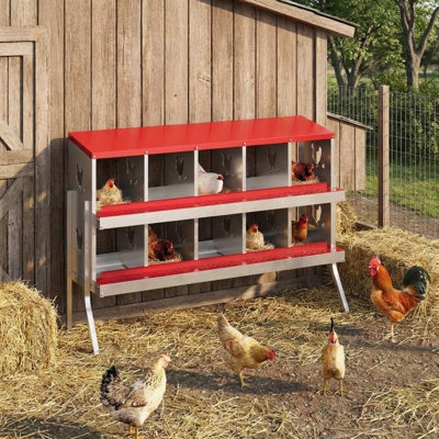 10 Compartment Galvanized Roll Away Chicken Nesting Box with Swing Perch & Lid Cover, Keyhole Wall Mount Nest Box with Sloped Floor for Convenient Egg Collection in Chicken Coops