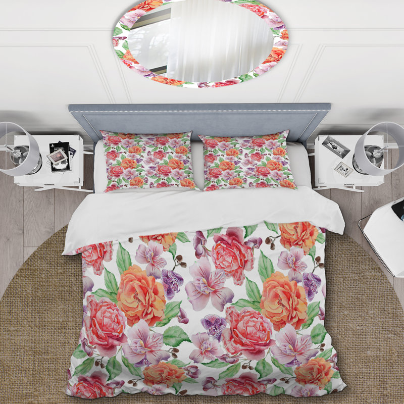 Fleurs rétro et feuilles vertes - ensemble de housse de couette floral - microfibre de polyester