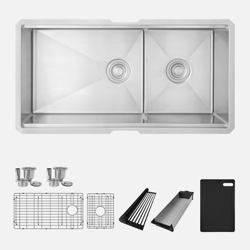 Évier de cuisine encastré à double cuve 60/40 en acier inoxydable de calibre 16 36 po x 19 po avec accessoires intégrés