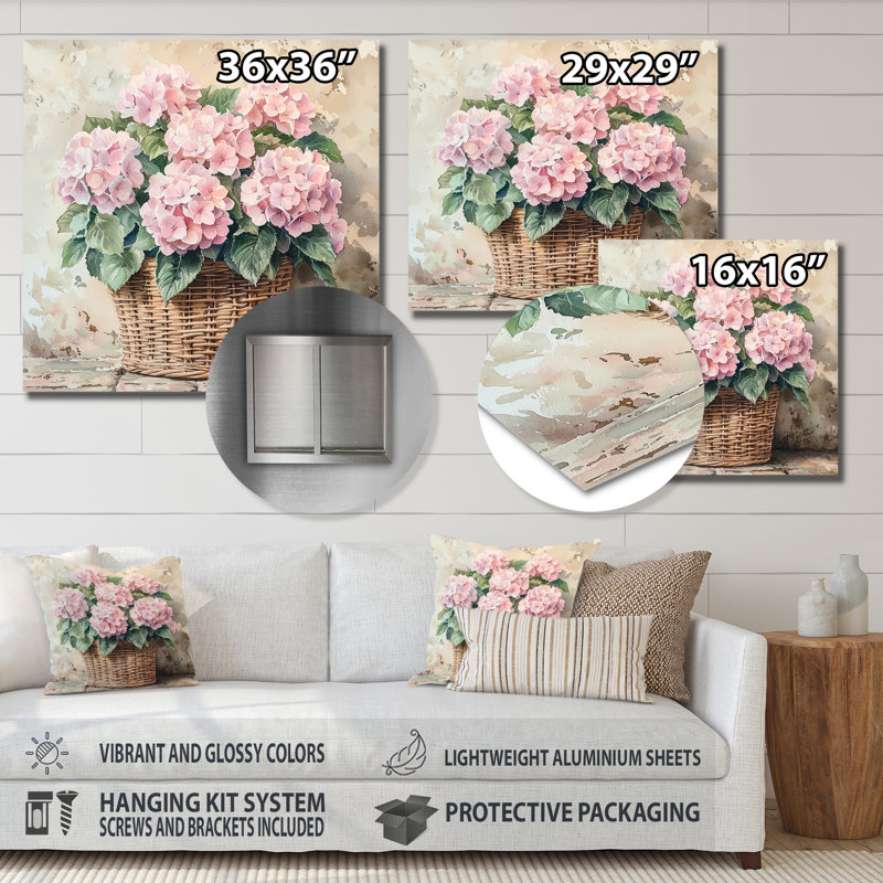 Hortensias dans un panier rétro I - hydrangées, impression murale, H 36 po x l 36 po