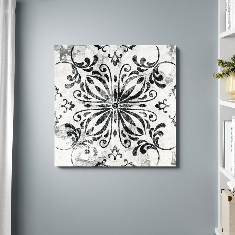 Motif floral noir et blanc - reproduction sur toile tendue, H 36 po x l 36 po