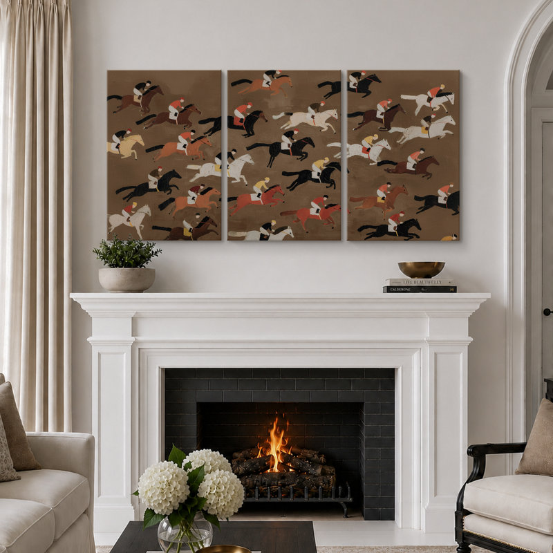 «Vintage Racehorse Riders Pattern Triptych», reproduction d'art sur toile encadrée 3 pièces, Toile tendue