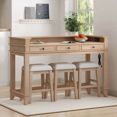 Retro 4PCS Dining Table Set With 3 Chairs 3 Storage Drawers USB Port Power Strip For Small Spaces
