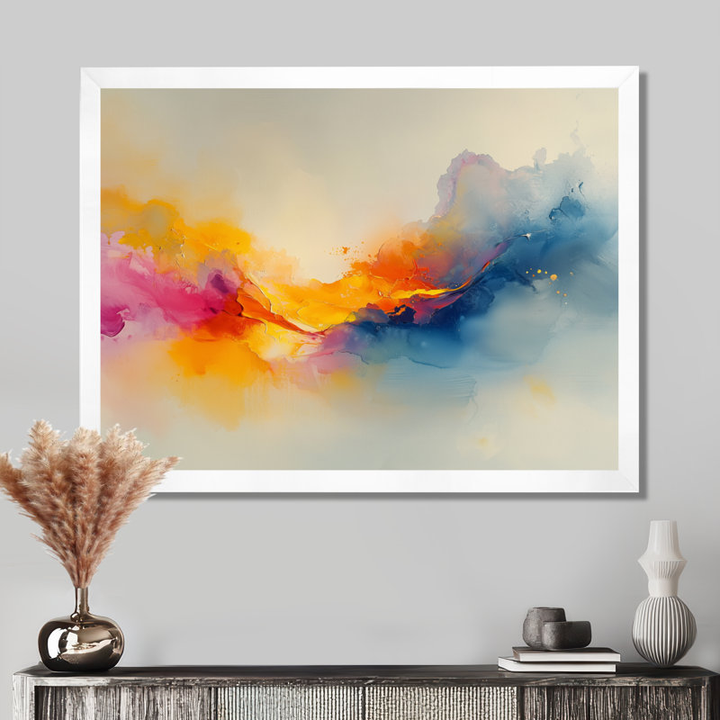 Dover rêve jaune bleu côtier vagues Turbulence III, H 16 po x l 32 po, Floater Framed, Blanc