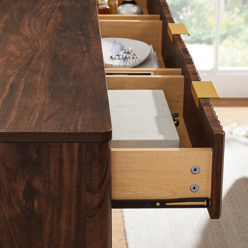 Commode 9 tiroirs avec plateau en faux marbre, meuble télé pour le salon et rangement pour la chambre à coucher, Brun