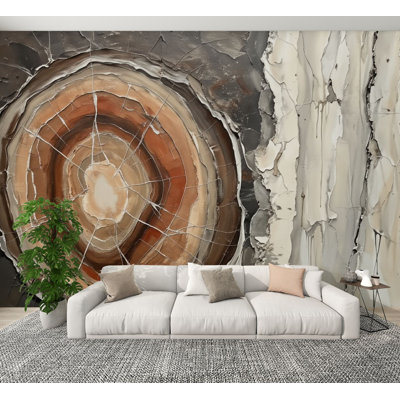 Papier peint adhésif peler et coller avec anneaux d'arbre abstrait en forme de terre neutre craquelée en pierre neutre H 100 po x l 144 po, papier peint amovible en PVC pour chambre à coucher, bureau à domicile, bureau à domicile