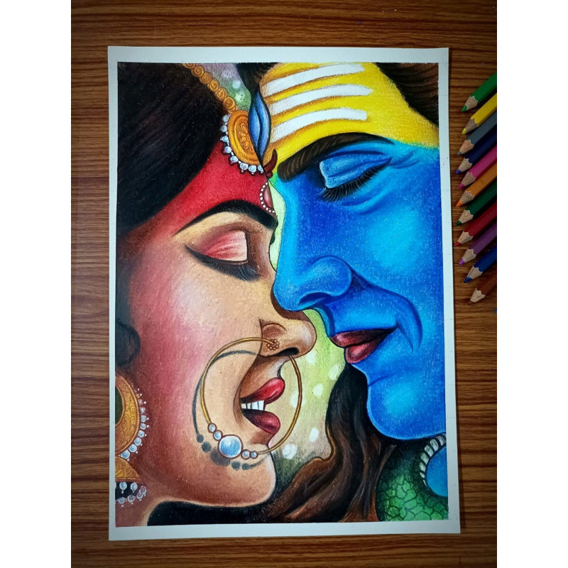 Shiva et Shakti, peinture | Art au crayon de couleur par Sunil Kumar