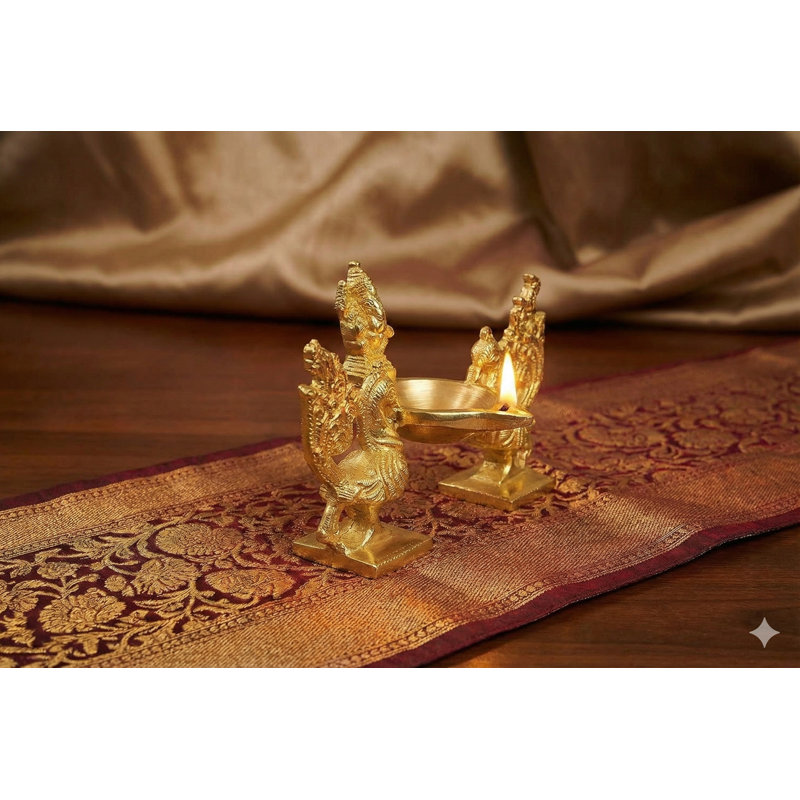 Handmade 4" Brass Lord Ganesha Lamp with Peacock Pair – Traditional Mayureshwar Design – Indian Decorative Accent for Puja, Gifting & Home Décor