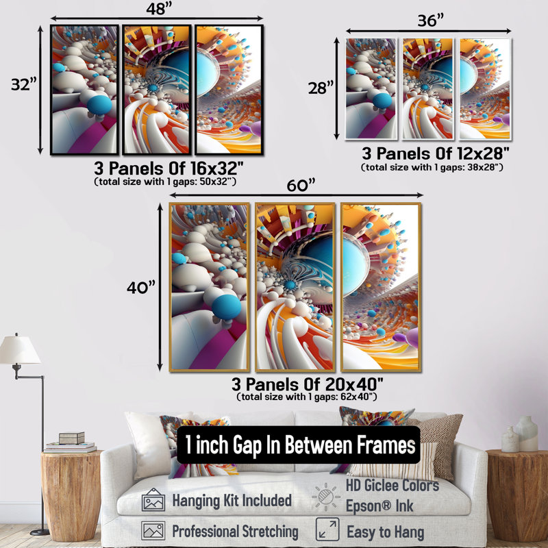 Futur explosion de joie fractale II - ensemble de salon art abstrait spirales murales, H 40 po x l 60 po x P 1 po