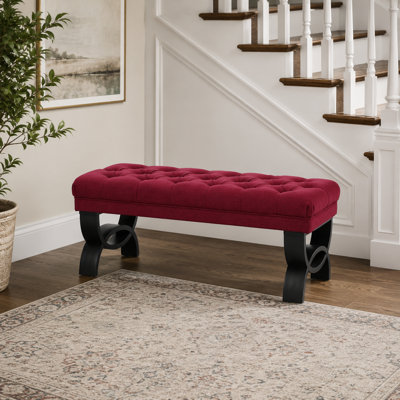 41" Wide Burgundy Button-Tufted Upholstered Bench with Sculptural Black Curved Legs