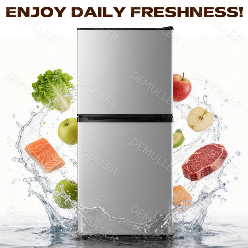 DEMULLER Refrigerator with Freezer, Apartment Size Fridge with Bottom Freezer, LED Light, Large Capacity, Energy Saving, Adjustable Thermostat & Shelves, Low Noise, 3.8 Cu.Ft, Silver