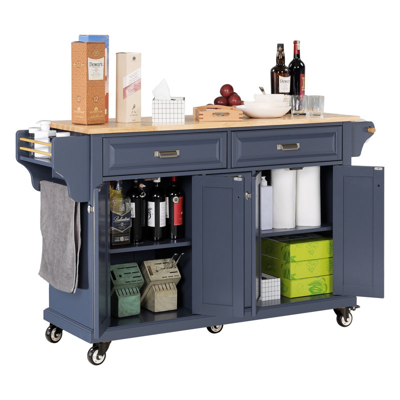 Shadae Kitchen Island with Rubber wood Countertop, Kitchen Cart on 5 Wheels with Storage Cabinet, Navy