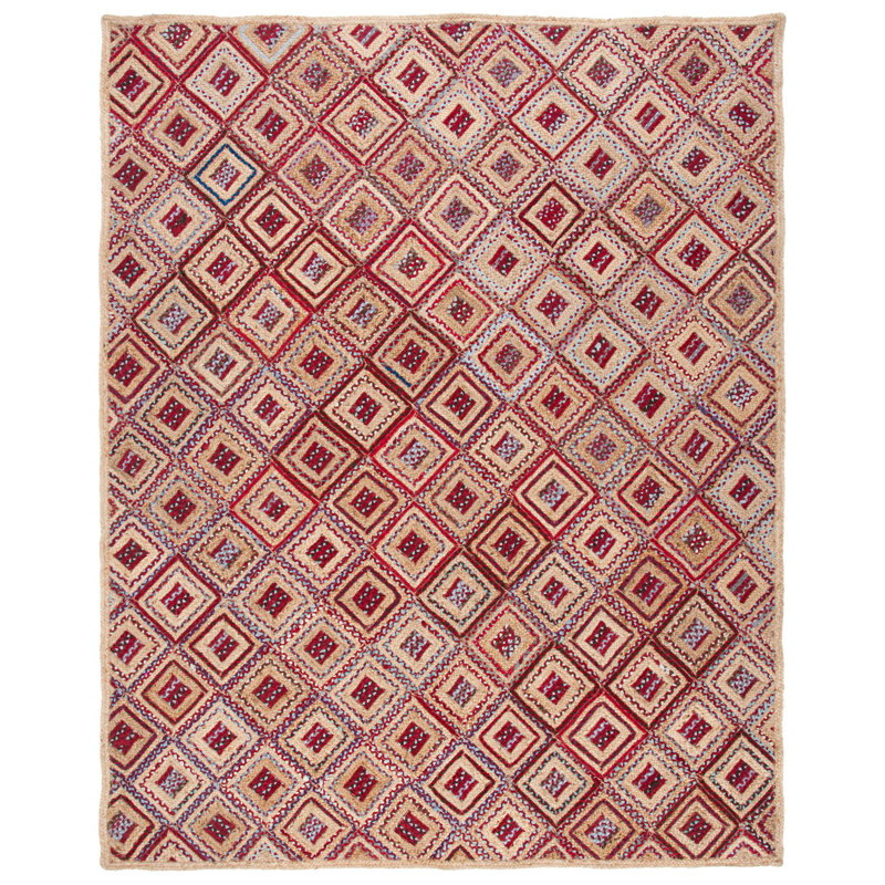 Adilynn Hand Woven Jute/Denim Geometric Rug in Red/Natural, Rectangle 8' x 10'
