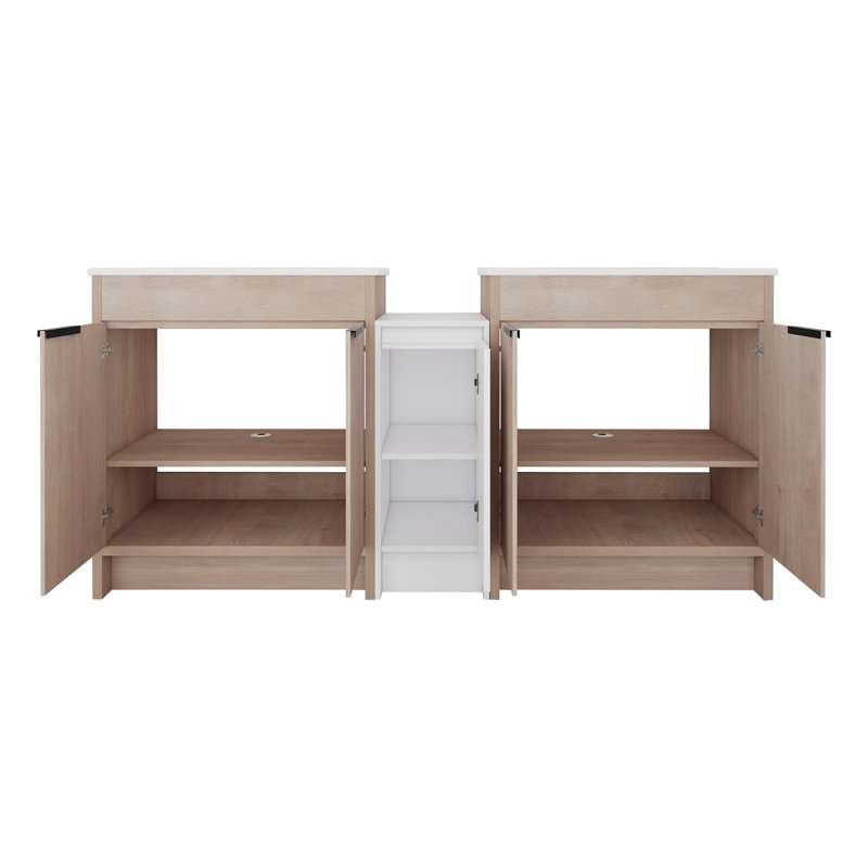 Meuble-lavabo autoportant avec lavabo en céramique et armoires de rangement, Blanc, 72", Blanc brillant / chêne clair clair