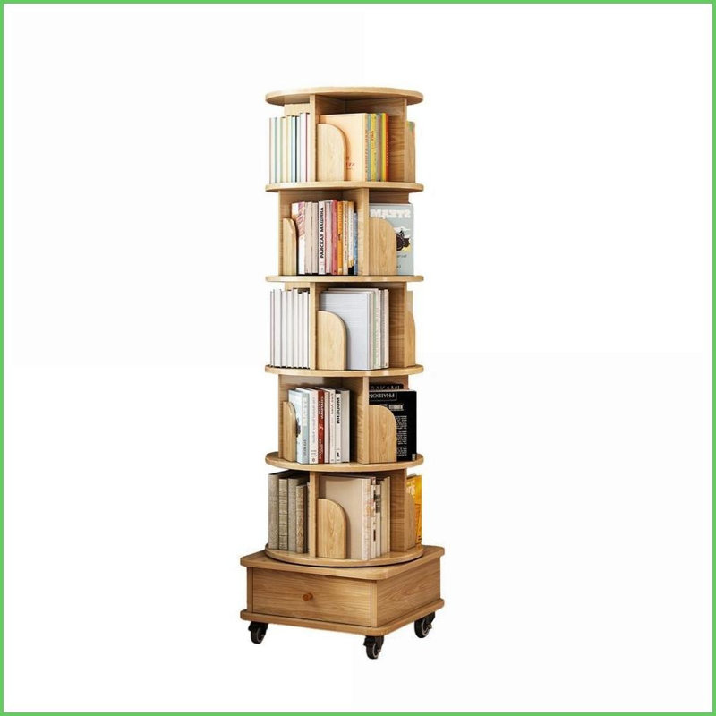 Bookshelf, 6 Tier 360° Rotating Round Spinning Bookshelf with Wheels &amp; Drawer, Wood Color for Small Spaces | Engineered Wood | MDF