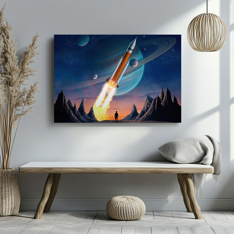 Toile, une fusée imposante se lance dans le cosmos, ses moteurs s'enflamment avec des flammes jaunes et oranges sur toile