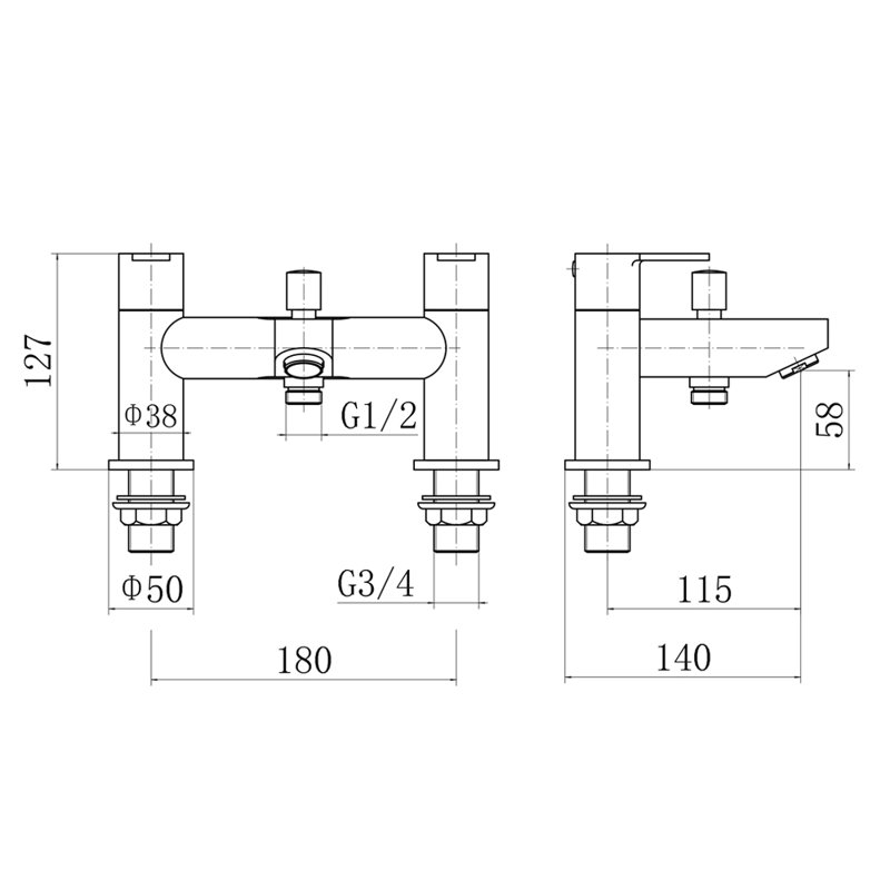 Krier 2 Handle Deck Bath Shower Mixer Bath Filler with Diverter