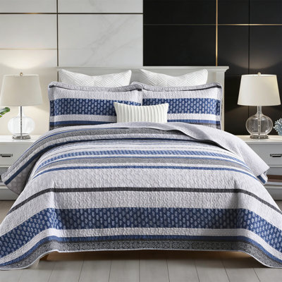 King Cotton  Striped Quilt Set, Farmhouse, Lightweight, With Shams, All Season