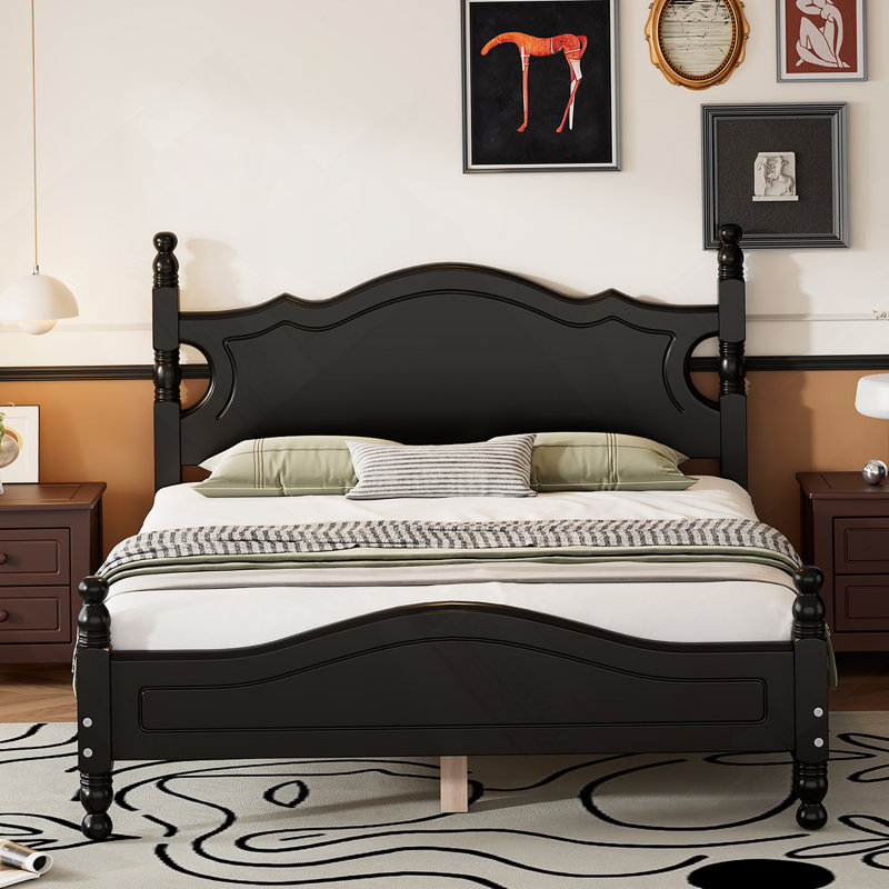 Base de lit plateforme en bois, lit plateforme de style rétro avec support en lattes de bois, Noir, Double